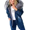 Cappotto largo invernale con cuciture tascabili strappate vintage Cappotto in peluche di jeans da donna Giacca di jeans con cappuccio monopetto a maniche lunghe da donna 240109