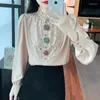 Blusas femininas camisa de lantejoulas mulheres primavera botão de diamante até coreano manga longa moda tops roupas kawaii blusa elegante