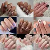 24 pezzi di unghie finte staccabili per manicure su fai da te, quadrati corti, rosa, con glitter, bordo dorato, francese
