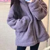 Jackets Deeptown Women Zip Up Lamb Wool Jacket Thicken Fleece Varsity Jacket Korean Streetwear Baggy Warm Coats Purple Clothes Trend New