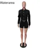 Kvinnors träningsdräkter WaterRea Diamonds Rhinestones Denim Set Button Jacket och Shorts Jeans 2024 Två 2 -stycken outfit Tracksuit