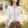 Damesblouses Zomer 2024 Katoen Linnen Borduren Korte mouw Blouse Dames Los Casual Mode Literair Vintage Overhemd Top Dames