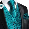 HiTie Luxe Zijden Heren Vesten Teal Bloemen Jacquard Heren Vest Stropdas Hanky Manchetknopen Set voor Mannen Jurk Pak Bruiloft Zakelijk XL