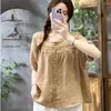 Kvinnors blusar 2024 Summer Arts Style Women Short Sleeve Loose Single Breasted Shirt All-Matched Casual Solid Cotton Linen Blouse Tops P571