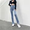 Jeans da donna 2024 Primavera e autunno Chic Pantaloni a vita alta in denim blu Piccolo diviso sottile sottile svasato Pantaloni attillati stretti a matita casual