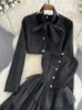 Vintage Black Tweed Two Piece Dress Set Women Oufits sweet Sexy Tube Top Slim Puffy Dress Cropped Coat 2 Piece Sets 240109