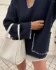 Women's Sweaters Women Knitted Quilted Pocket Sweater Autumn Winter Navy Blue V-Neck Long Sleeve Loose Pullover Lady Elegant Jumpers