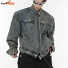 Męska dżinsowa kurtka metalowa w trudnej sytuacji umyte dżinsowe kurtki Hip Hop Streetwear Zipper Casual Ourowear American Style 240109