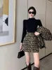 Work Dresses Two Piece Sets Womens Outifits 2024 Autumn Winter Loose Leopard Wool Coat High Waisted Skirt Korean Fashion Clothing