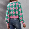 Dorośli dla kobiet kontrastowe kolory w kratę Kurtka swetra kardigan bluzki z długim rękawem v szyja argyle dzianinowy top rozmiar pulower S-xl 240109