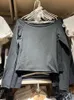 Vintage solide brut garniture t-shirt femmes automne sexy Slash cou coton à manches longues t-shirts Chic Harajuku Streetwear mince haut court Y2k 240110
