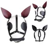 Harnais en cuir fétiche pièce de tête masque à capuche avec bouche en os de silicone oreilles gag oreilles ombre bandeau pour poney animal de compagnie cosplay bdsm 240109