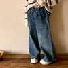 Byxor Girl's One-Button Retro Denim Straight Pants Spring and Autumn Korean Dark-Colored Baby Kids Casual Loose Wide Bent Jeans