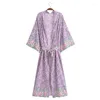Women's Swimwear 2024 BOHO Larvender Small Flower Print Long Kimono Shirt Ethnic Full Sleeve Tie Bow Sashes Holiday Cardigan Loose Cape