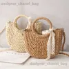 Shoulder Bags Str Bag Women Hand-Woven Handbag Moon Shape Lace Bow Rattan Bag Big Capacity Drstring Casual Beach Shoulder Crossbody Bag T240110