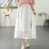 スカートラミーレディスカート2024夏のソリッドカラー薄いライン刺繍レトロエラスティックウエストファッション長い女性ヨイカモモ