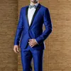 Costumes bleu Royal pour hommes Blazer tenues noir pointe revers simple boutonnage Satin mariage luxe Costume Slim Fit Ropa Hombre 240110