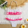 Tute Ragazza Ruffle Pompon Bikini Set Costume da bagno per bambini Halter Top Due pezzi Costumi da bagno per bambini Stelle Stampa 312 anni Costume da bagno per bambini