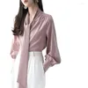 Women's Blouses Temperament Office Worker Satin Shirt Front Collar Tie Up Long Sleeve Cuffs Button Design Elegant