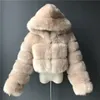 Осенние пушистые укороченные пальто из искусственного меха, женские пушистые верхние пальто с капюшоном, прямая короткая зимняя меховая куртка, модная уличная одежда 240110