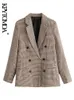 KPYTOMOA femmes mode tenue de bureau Double boutonnage carreaux Blazers manteau Vintage à manches longues poches vêtements de dessus pour femmes Chic hauts 240110