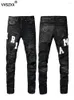 Jeans masculinos couro preto bordado remendo rasgado angustiado elástico magro magro calças jeans moda hip hop