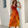 Casual Dresses Red Fire Flame Art Dress Ladiessexy Maxi V Neck High midje Streetwear Design Boho Beach Long Long