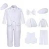 Baby Boy Baptism Outfit niemowlę biały chrzest z kapeluszem maluch ślubny przyjęcie urodzinowe ubranie z długim rękawem Tuxedo 5pcs 240109