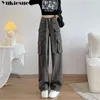 Women's Pants Boyfriend Harajuku Summer High Waist Wide Leg Capris For Women Pockets Lace Up Baggy Cargo Woman Trousers