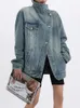 Casaco jeans feminino gola alta único breasted manga cheia retalhos versátil jacke moda outono streetwear casaco 240109