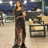 Sexy Illusion Lace Prom Evening Dresses Square Neck Short Sleeve Side Split vestidos de fiesta Draped Black Party Gown