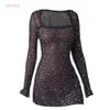 Frauen Frühling Sommer Ballkleid Pailletten Hot Diamant Kleid Sexy Halbe Perspektive Langarm Kurze Mini Nachtclub Party Kleider Vestidos