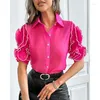 Camicette da donna 2024 Primavera Estate Abbigliamento Tinta unita Colletto polo Cuciture per orecchie in legno Mezza manica Top monopetto