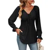 Damen-T-Shirts, elegant, strukturiert, für Damen, V-Ausschnitt, Rüschen, lange Ärmel, schlanke Bluse, OL, Dame, Herbst, Frühling, Tops, Kleidung, T-Shirts 2024