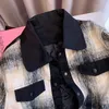 Outono inverno feminino gravata tingida linha xadrez padrão jaqueta estilo casual manga longa denim emenda polo gola casaco feminino 240109