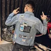 Biker denim ceket adam denim ceket deri yamalar aplike streç ince fit jean aşınma 2 adet% 10 Dicount Destek Özel Logo Desteği Özelleştirme