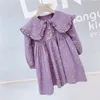 Robes de printemps et d'automne pour filles, Style coréen, imprimé Floral mignon, mode enfants, revers feuille de Lotus, manches longues, robes de fête