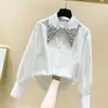 High Quality Pearls Diamonds Collar White Shirt Women Tops Mujer Spring Arrival OL Elegant Blouse Tops Camisas Mujer 240109