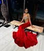 Veet Red Long Prom Kleider für schwarze Mädchen 2024 Meerjungfrau Geburtstagsfeier Kleid trägerlose Heimkehrkleider