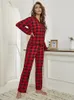 Dames Pyjama Set Geruite Lange Mouwen Tops met Broek Dames Homewear Pak Voorzijde Button Down Nachtkleding Herfst Winter Nachtkleding 240110