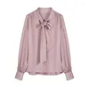 Women's Blouses 2024 Casual Shirt Satin Front Collar Tie Up Long Sleeved Cuffs Button Design For Women