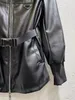 Дизайнерский 23SS треугольный лейбл женский из меха и искусственного меха модный кардиган на молнии с капюшоном черное кожаное пальто с металлическим поясом