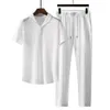 2Pcs/Set Summer Men's Suit Elastic Waistband Pleated Casual Outfit Men Business Short Sleeve Shirts Long Pants Set Male Clothing 240110