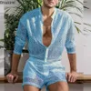 Summer Men's Two Piece Suits Set See Through Lace Outfits Beach Plain Mönster Tryck Långärmade toppar och shorts Set Male 240110