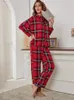 Pyjama femme à carreaux rouges 2 pièces vêtements de nuit hauts pantalons automne hiver Pijamas HomeWear vêtements bouton avant avec poche poitrine 240110