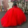 Robe De Quinceanera rouge brillant, robe De bal en dentelle appliquée, manches longues, tulle en cristal, douce 15 robes De XV Anos