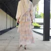 Etniska kläder Elegant blommigt tryck kaftan kvinnor muslimska långärmad maxi klänningsknappar rufsar lager klänningar abaya dubai kalkon jalabiya