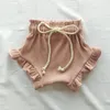 Shorts Effen Kleur Geribbelde Katoenen Wafel Voor Baby Jongens Meisjes Zomerkleding Met Strakke Riem Kant Kinderen Korte Broek