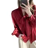 Women's Blouses Temperament Office Worker Satin Shirt Front Collar Tie Up Long Sleeve Cuffs Button Design Elegant