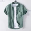 メンズTシャツメンのための半袖シャツ夏夏の新しい100％ピュアリネントップスオスのカジュアルターンダウンカラー衣類ソリッドカラーポケットデコレーションL240110